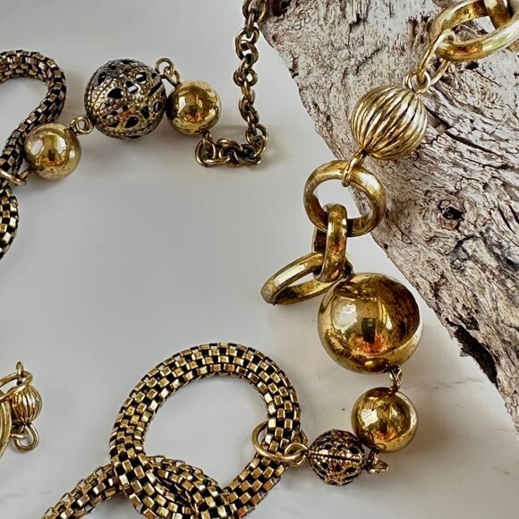Vintage Long Necklace W/ Metal Mesh Beads & Links Gold-Tone 32" - Picture 6 of 11